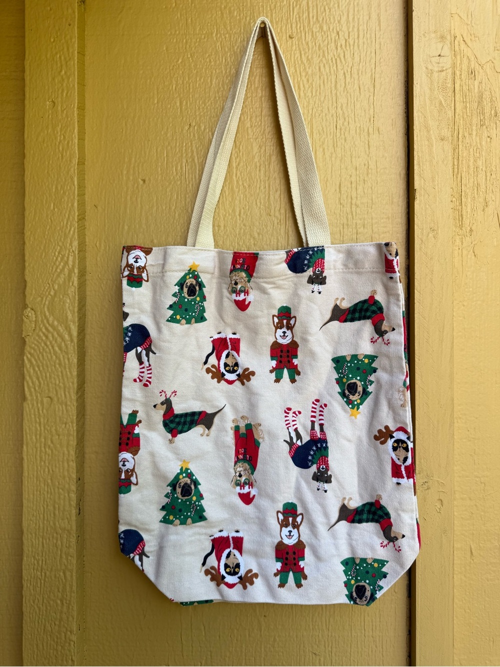 Old Navy Christmas Dogs Small Canvas Tote Bag Holiday Reusable Shopping Book Bag